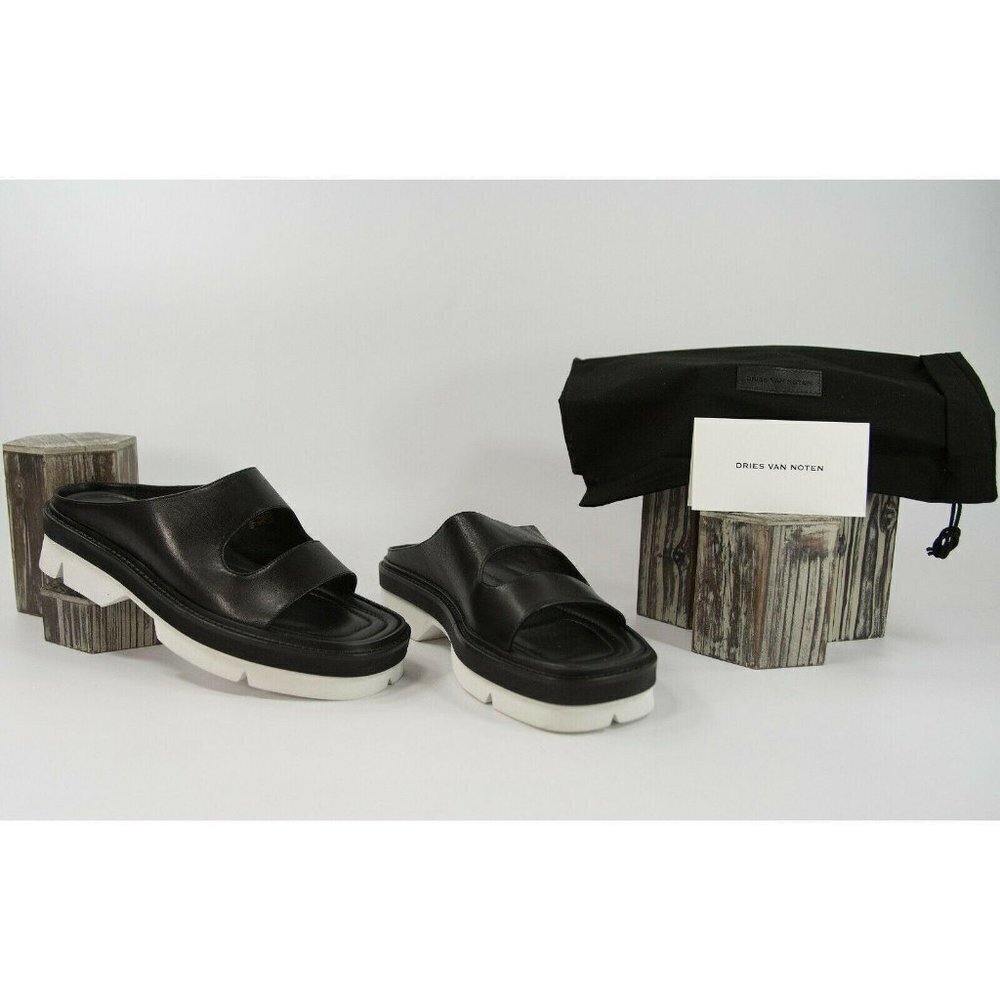 Dries Van Norten Black Leather Lug Sole Slides